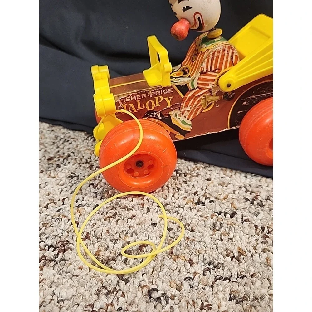 Vintage 1965 Fisher Price Jolly Jalopy Clown Drive Wooden Pull Toy #724